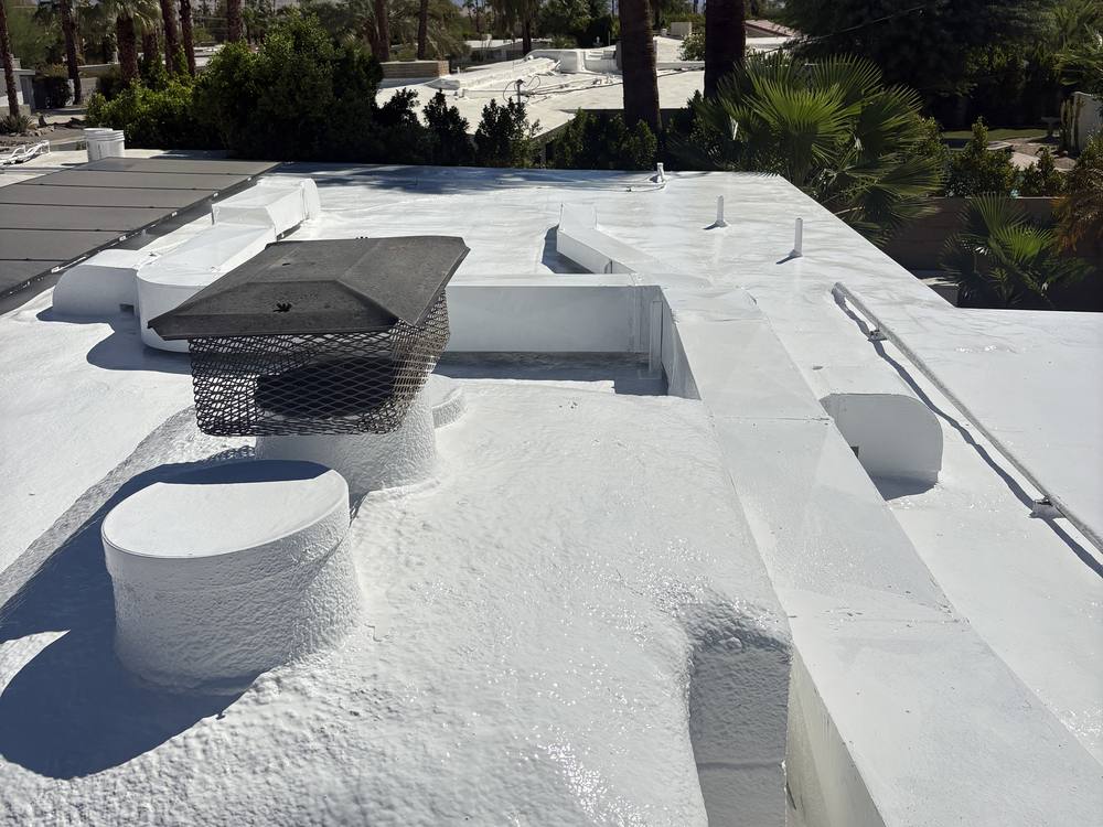 Finished polyurethane foam roof with coated vents and chimney cap, palms behind