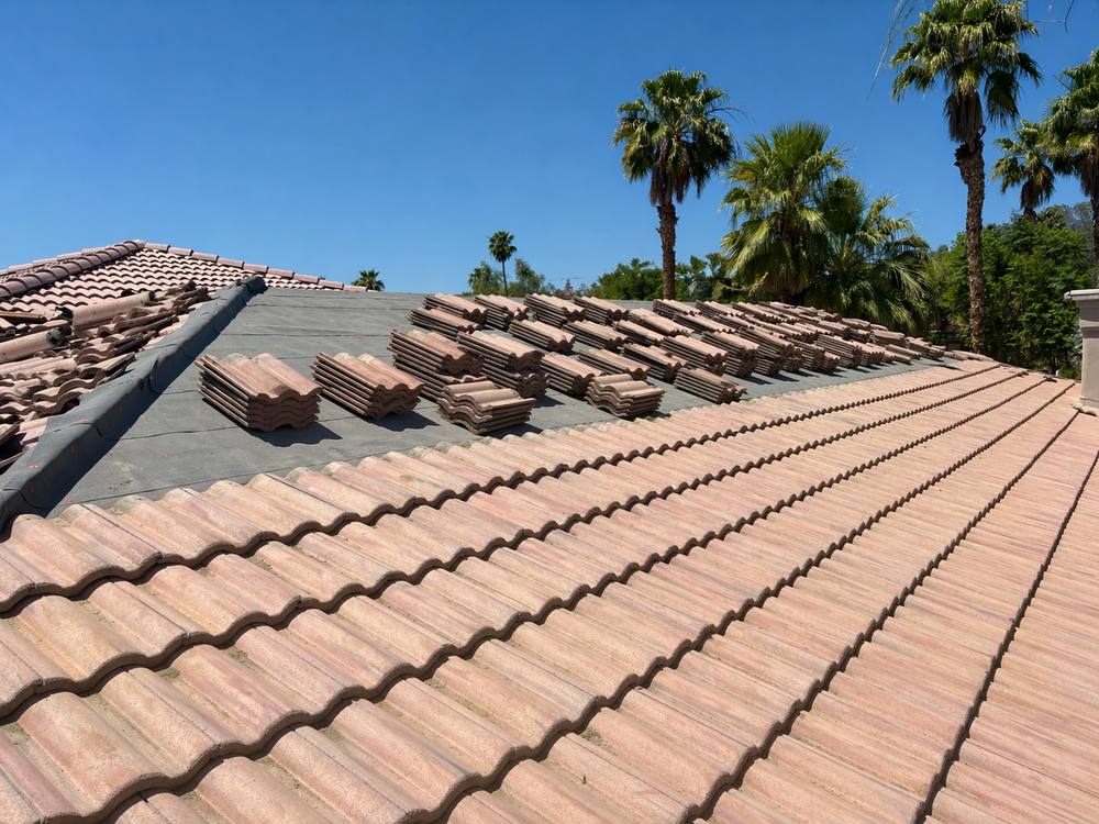 Tile re-roof in progress with fresh tile staged on new underlayment